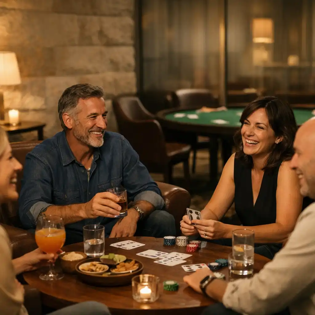 Friends relaxing with drinks and shared plates in the Card Lounge