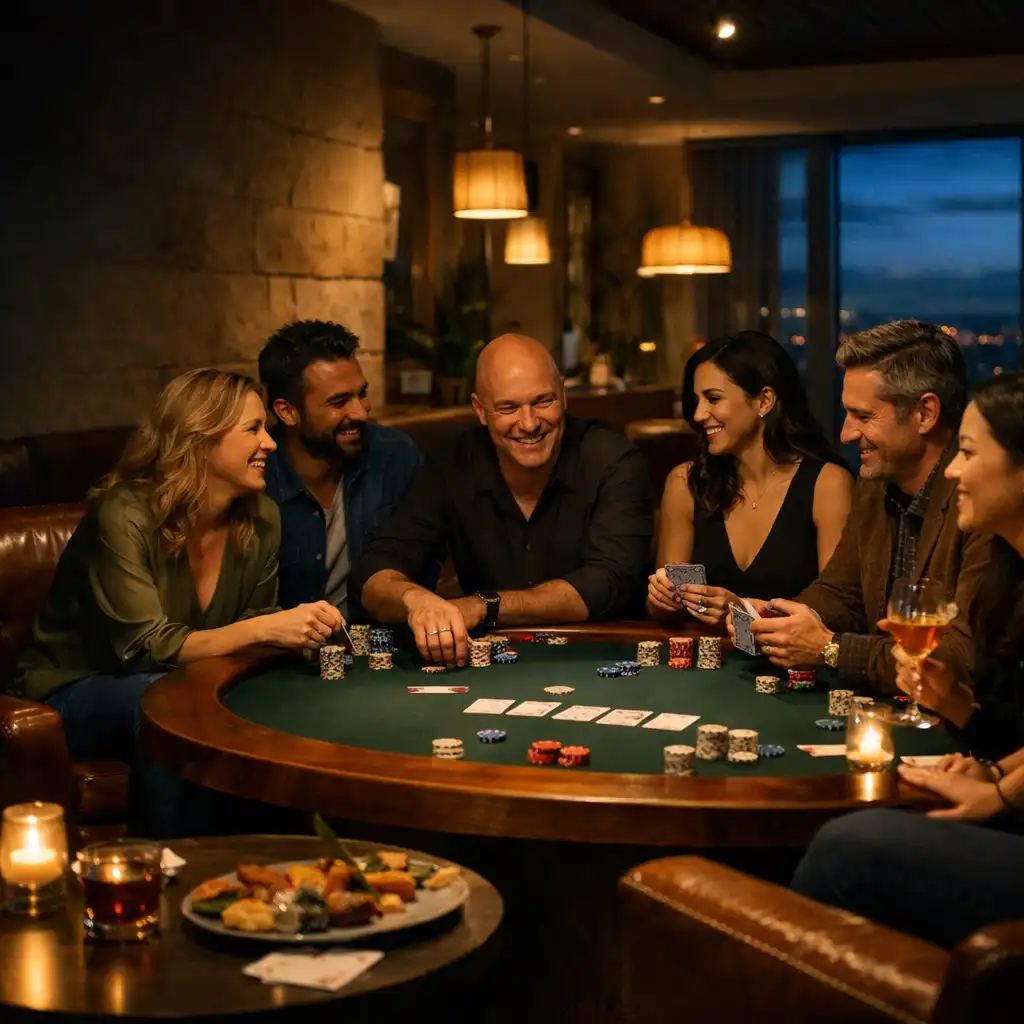 Friends gathered around a real poker table with cocktails and shared plates in the Card Lounge