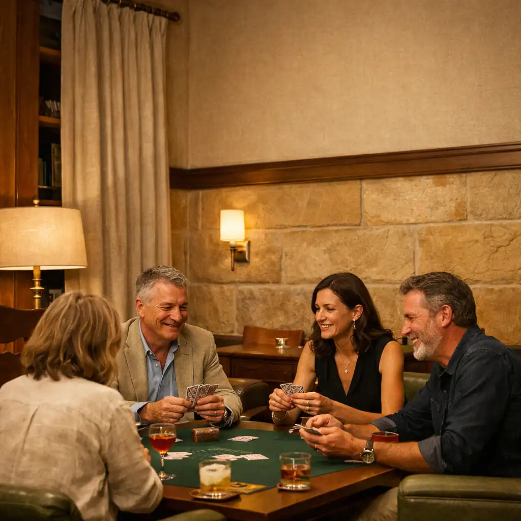 Guests gathered around a real card table in the Card Lounge