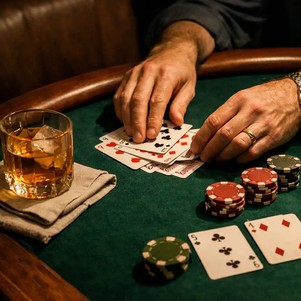 Hands arranging playing cards and poker chips on green felt beside an amber cocktail