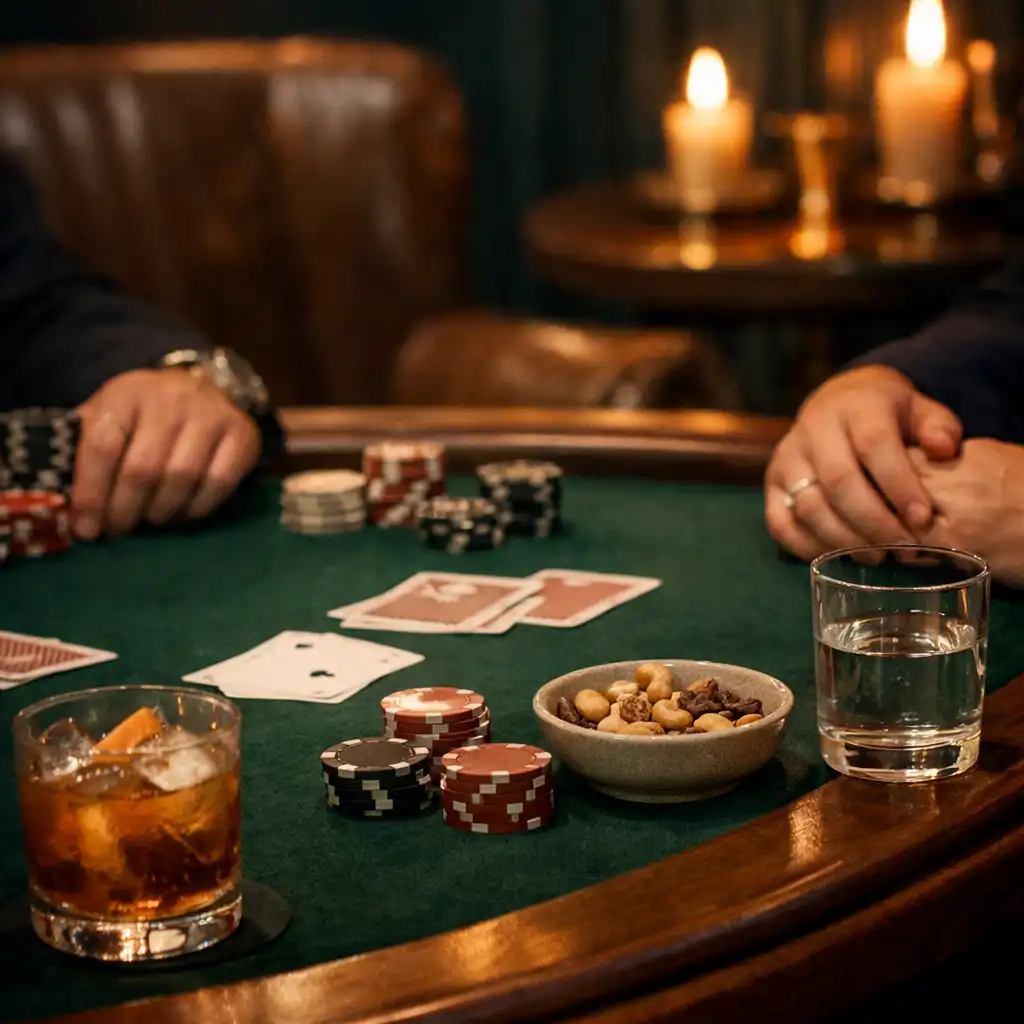 Cards, chips, a cocktail and refreshments on a timber-rimmed poker table