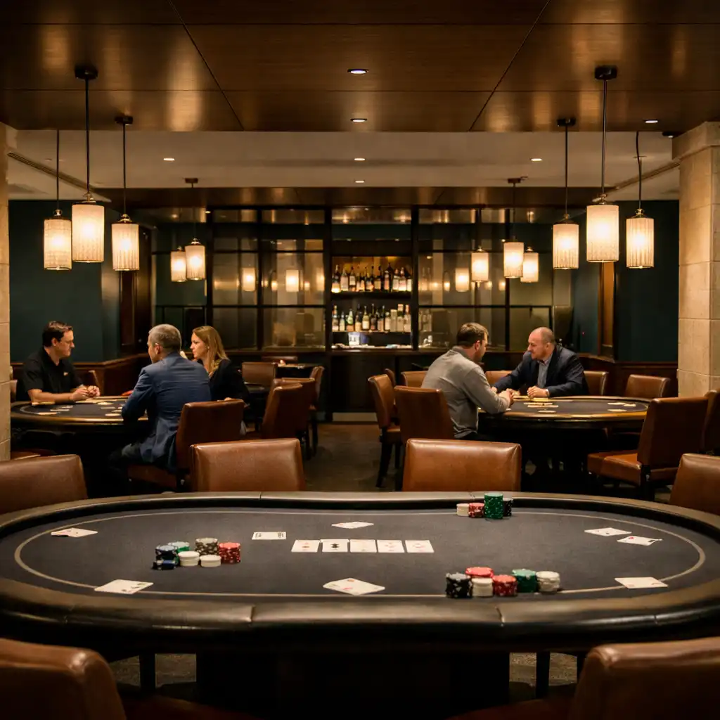 Adrian Fąs card room with poker tables, warm pendant lights and seated guests