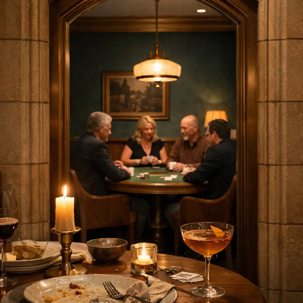 Finished dinner table viewed through an opening toward a softly lit face-to-face card table
