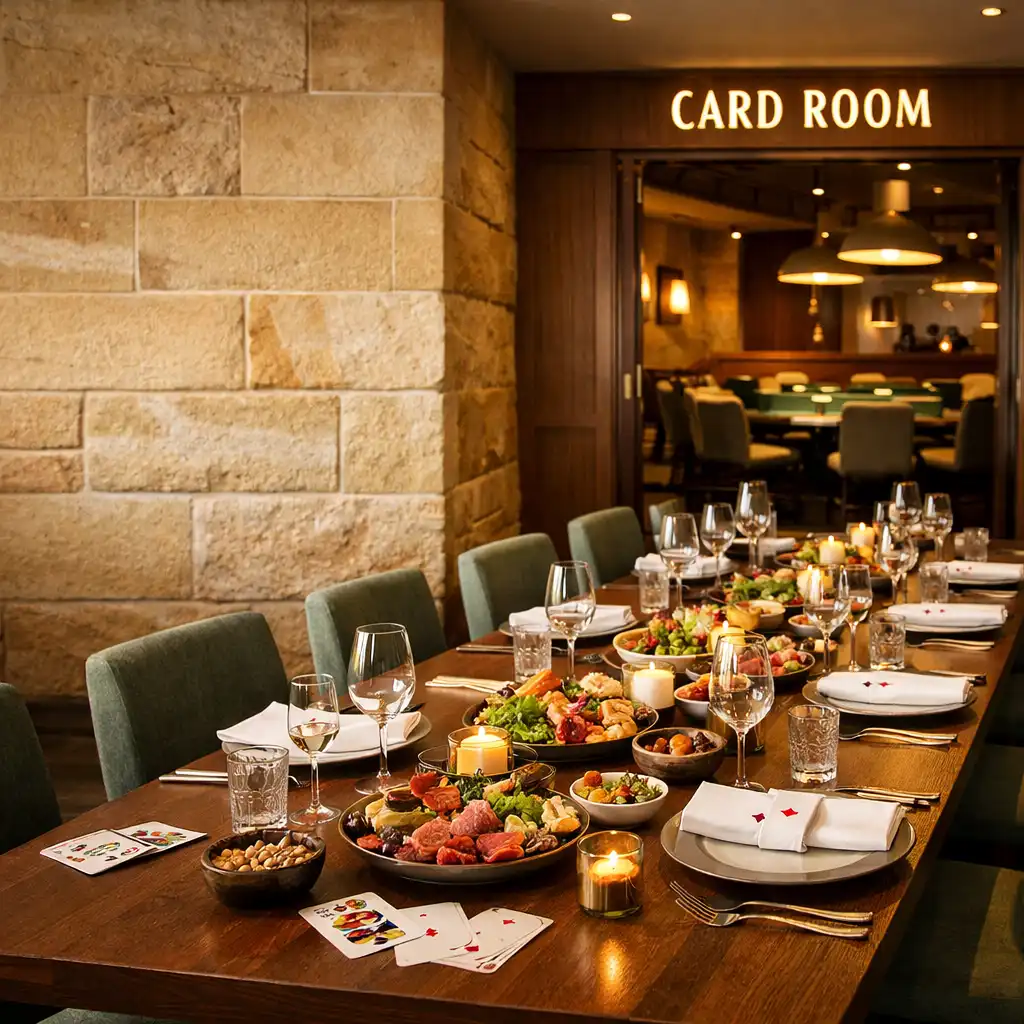 A communal restaurant table prepared near the card room