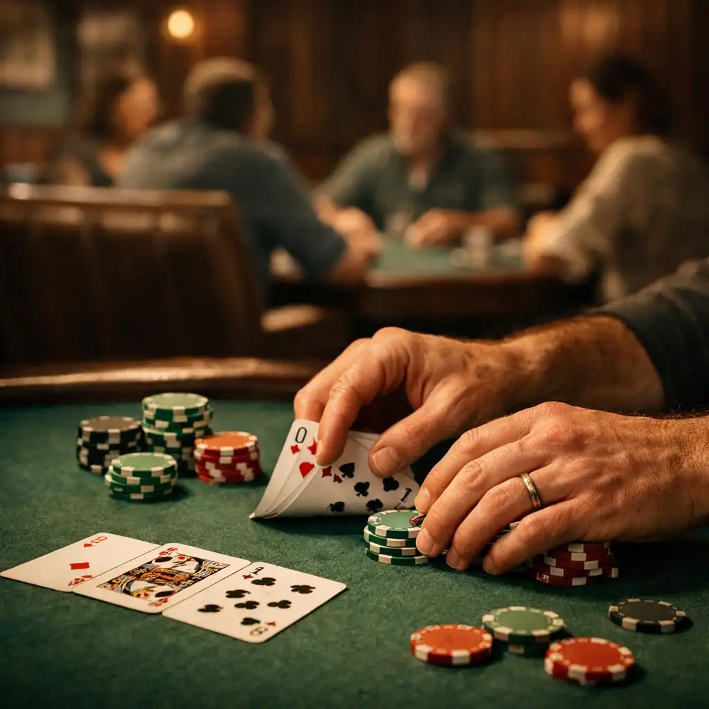 Hands arranging cards and chips on a real felt poker table