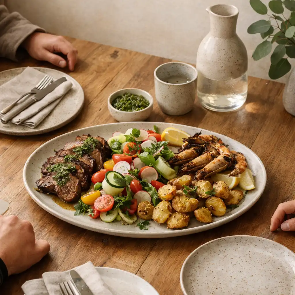Shared ceramic plates and tableware on a timber restaurant table