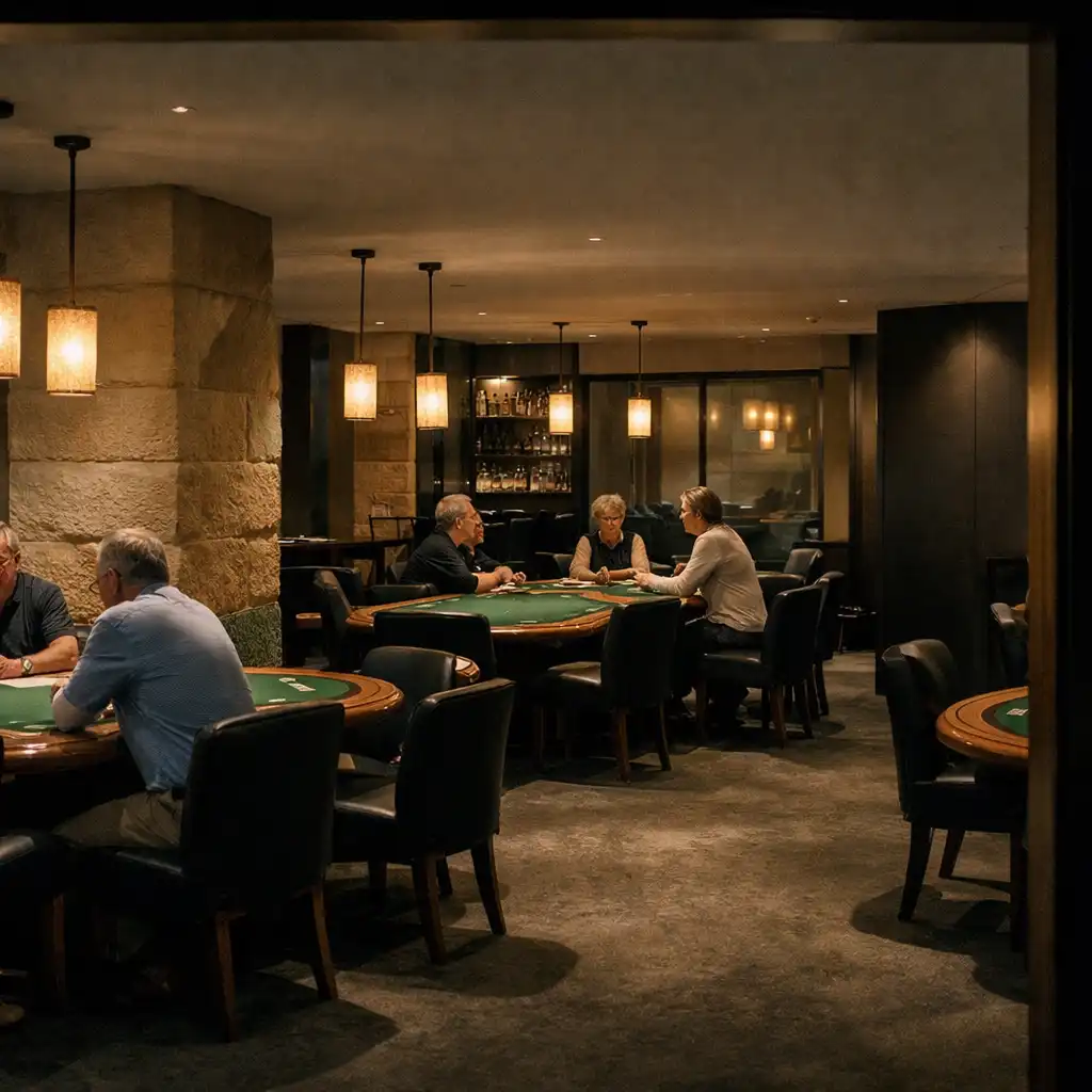 Dedicated card room with real poker tables, leather chairs and warm evening light
