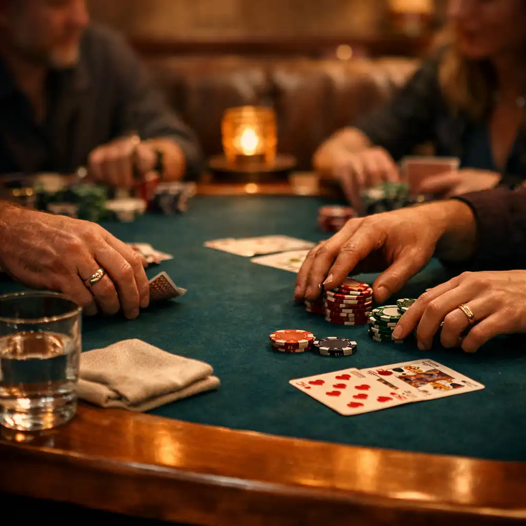 Hands arranging cards and poker chips on a deep teal felt table