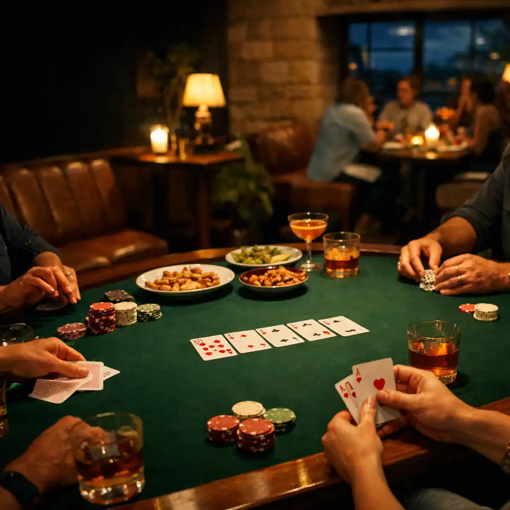 Friends sharing cards, food and conversation around a real poker table