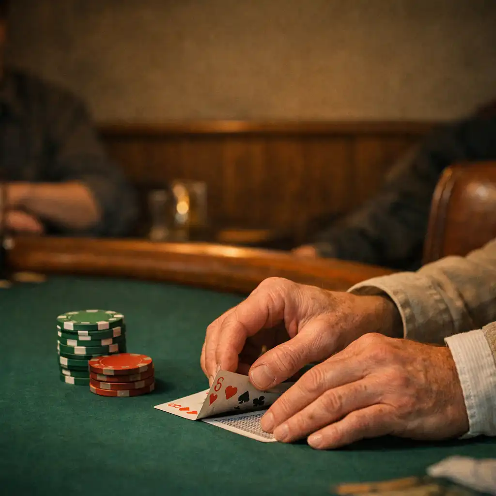 Hands arranging cards on green felt beside a timber poker table edge