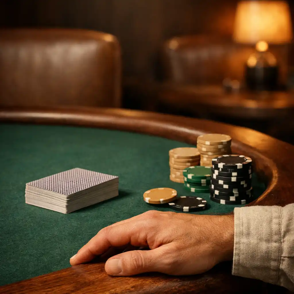 Close detail of green felt, timber table edge, physical cards, chips and a guest's hand