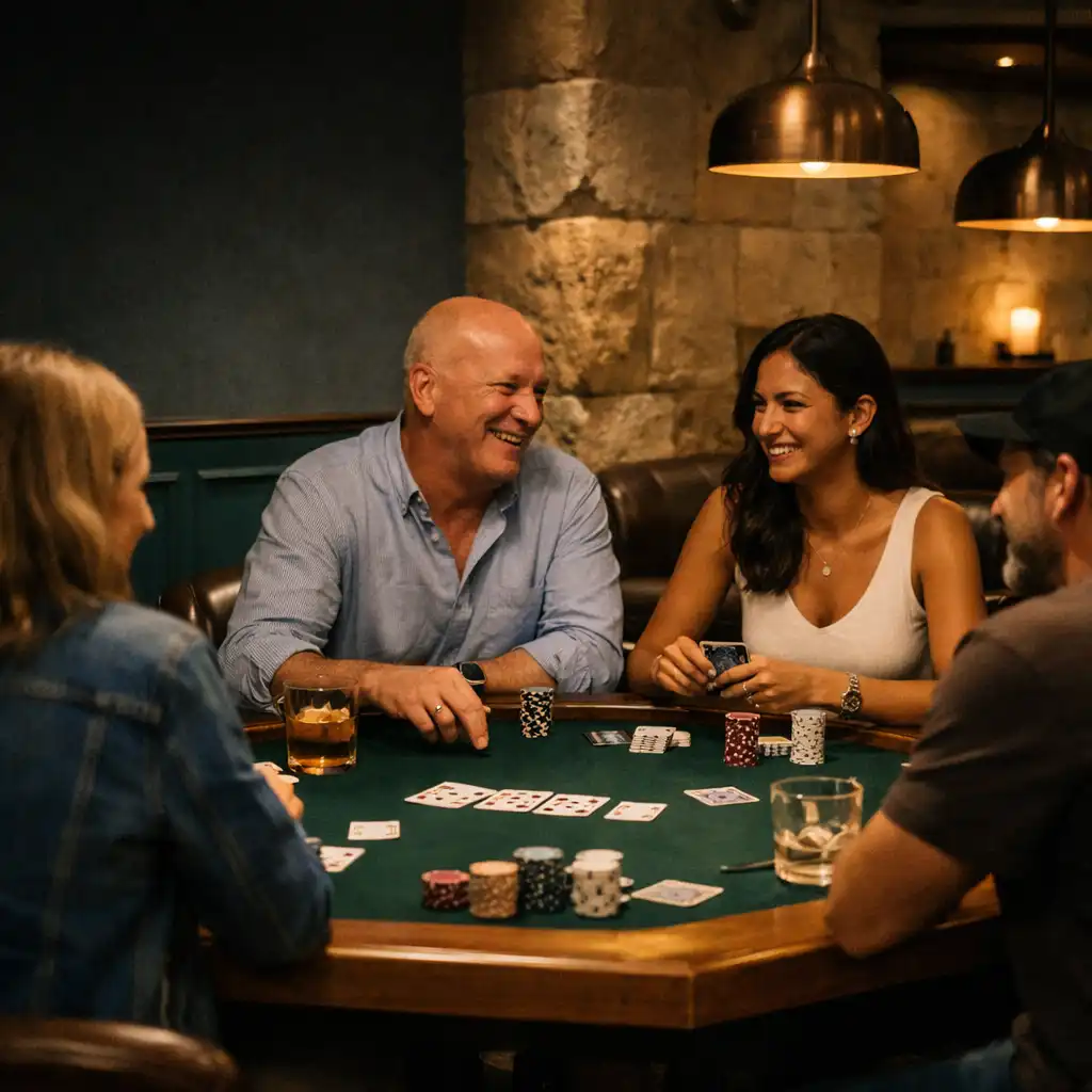Guests gathered around a timber-edged felt poker table in Adrian Fąs card room
