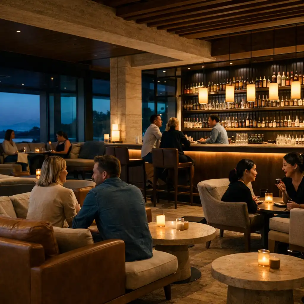 Warmly lit restaurant bar and lounge with timber, leather seating and guests in conversation