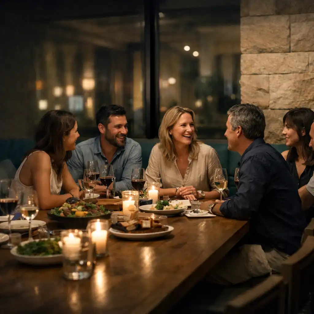 Friends gathered around a candlelit timber dining table at Adrian Fąs