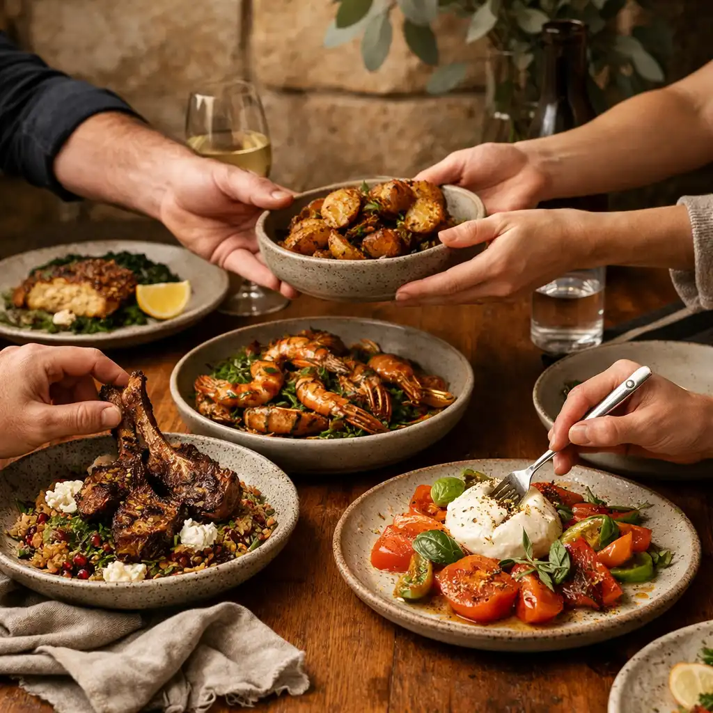 Shared dining plates on a warm timber table with diners serving one another