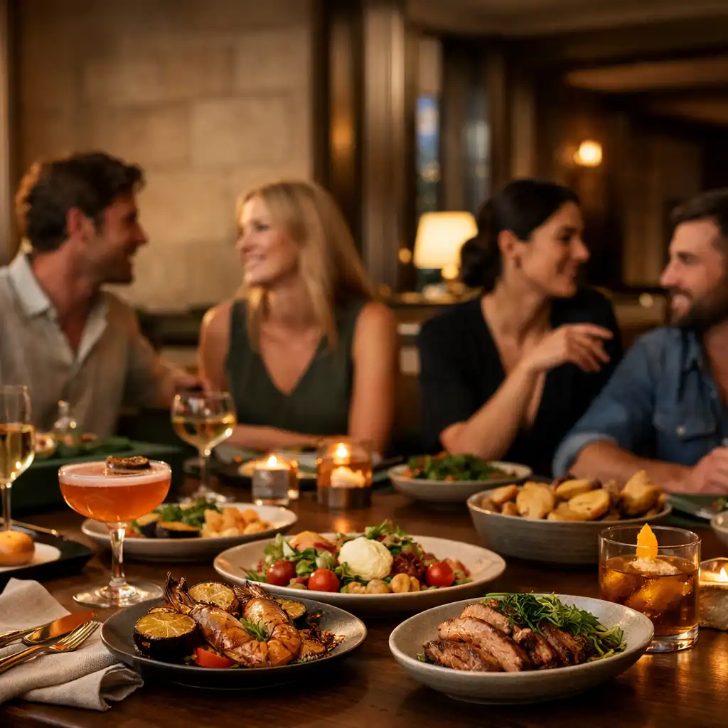 Friends sharing dinner, cocktails and conversation at a timber table